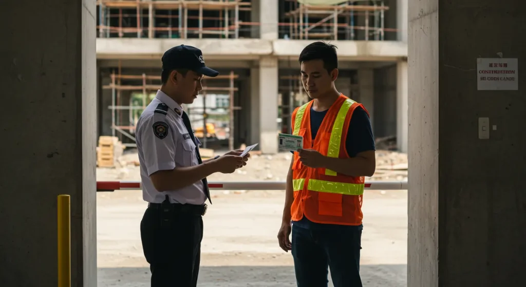 A worker presenting his CIDB Green Card at a construction site entrance